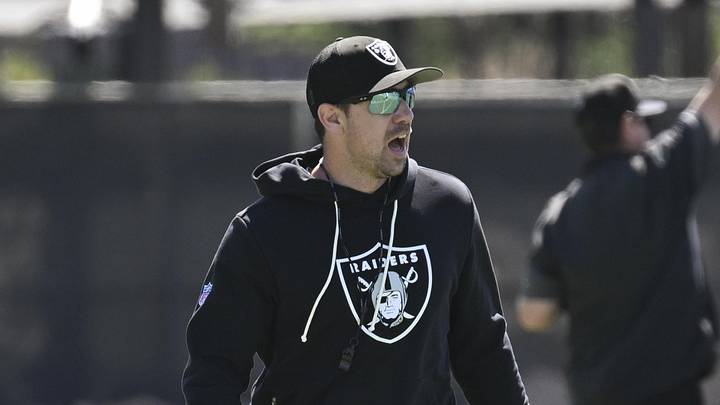 May 28, 2026; Henderson, NV, USA; Las Vegas Raiders head coach Klint Kubiak looks on during organized team activities at Intermountain Health Performance Center. Mandatory Credit: Candice Ward-Imagn Images