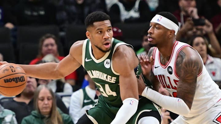 Nov 20, 2024; Milwaukee, Wisconsin, USA;  Milwaukee Bucks forward Giannis Antetokounmpo (34) is guarded by Chicago Bulls forward Torrey Craig (13) in the first quarter at Fiserv Forum. Mandatory Credit: Benny Sieu-Imagn Images