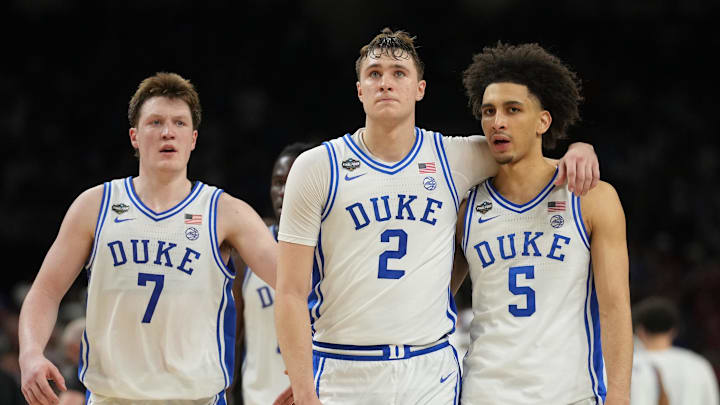 Apr 5, 2025; San Antonio, TX, USA; Duke Blue Devils forward Cooper Flagg (2) and Duke Blue Devils guard Tyrese Proctor (5) react against the Houston Cougars in the semifinals of the men's Final Four of the 2025 NCAA Tournament at the Alamodome. Mandatory Credit: Robert Deutsch-Imagn Images Apr 5, 2025; San Antonio, TX, USA; Duke Blue Devils forward Cooper Flagg (2) and Duke Blue Devils guard Tyrese Proctor (5) react against the Houston Cougars in the semifinals of the men's Final Four of the 2025 NCAA Tournament at the Alamodome. Mandatory Credit: Robert Deutsch-Imagn Images