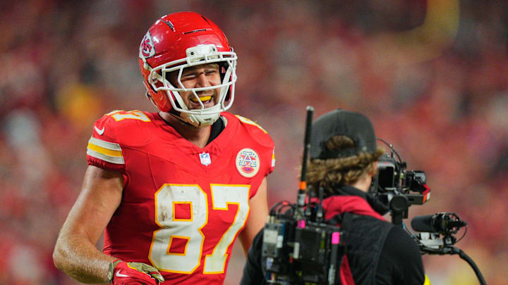 Oct 27, 2025; Kansas City, Missouri, USA; Kansas City Chiefs tight end Travis Kelce (87) celebrates after scoring a touchdown against the Washington Commanders during the third quarter of the game at GEHA Field at Arrowhead Stadium. Mandatory Credit: Jay Biggerstaff-Imagn Images Oct 27, 2025; Kansas City, Missouri, USA; Kansas City Chiefs tight end Travis Kelce (87) celebrates after scoring a touchdown against the Washington Commanders during the third quarter of the game at GEHA Field at Arrowhead Stadium. Mandatory Credit: Jay Biggerstaff-Imagn Images