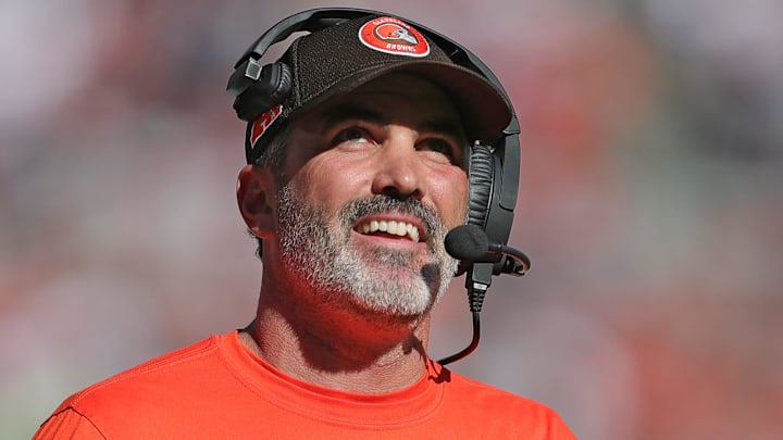 Cleveland Browns head coach Kevin Stefanski is all smiles as he watches running back Nick Chubb score a touchdown during the first half of an NFL football game at Huntington Bank Field, Sunday, Oct. 20, 2024, in Cleveland, Ohio.