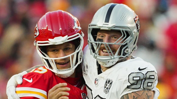 Nov 29, 2024; Kansas City, Missouri, USA; Kansas City Chiefs quarterback Patrick Mahomes (15) and Las Vegas Raiders defensive end Maxx Crosby (98) embrace during the second half at GEHA Field at Arrowhead Stadium. Mandatory Credit: Jay Biggerstaff-Imagn Images Nov 29, 2024; Kansas City, Missouri, USA; Kansas City Chiefs quarterback Patrick Mahomes (15) and Las Vegas Raiders defensive end Maxx Crosby (98) embrace during the second half at GEHA Field at Arrowhead Stadium. Mandatory Credit: Jay Biggerstaff-Imagn Images