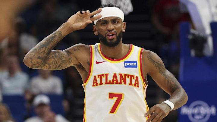 Atlanta Hawks guard Nickeil Alexander-Walker (7) reacts after a three pot basket against the Orlando Magic in the first quarter  at Kia Center, April 1st, 2026