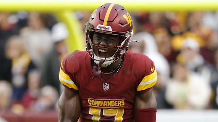 Nov 10, 2024; Landover, Maryland, USA; Washington Commanders wide receiver Terry McLaurin (17) celebrates after a play against the Pittsburgh Steelers during the second half at Northwest Stadium. Mandatory Credit: Amber Searls-Imagn Images
