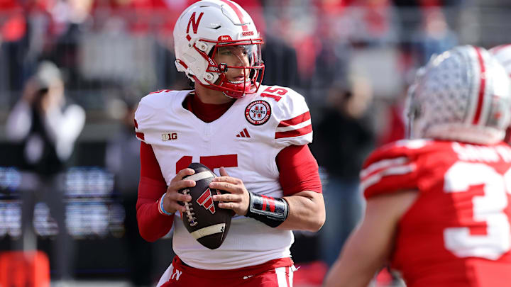 Oct 26, 2024; Columbus, Ohio, USA; Nebraska Cornhuskers quarterback Dylan Raiola looks for a receiver during the first quarter against the Ohio State Buckeyes at Ohio Stadium. Oct 26, 2024; Columbus, Ohio, USA; Nebraska Cornhuskers quarterback Dylan Raiola looks for a receiver during the first quarter against the Ohio State Buckeyes at Ohio Stadium.