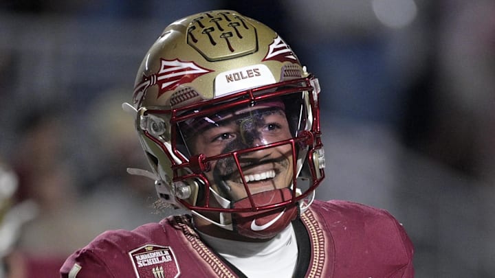 Nov 1, 2025; Tallahassee, Florida, USA; Florida State Seminoles quarterback Tommy Castellanos (1) celebrates a touchdown during the second half against the Wake Forest Demon Deacons at Doak S. Campbell Stadium. Mandatory Credit: Melina Myers-Imagn Images Nov 1, 2025; Tallahassee, Florida, USA; Florida State Seminoles quarterback Tommy Castellanos (1) celebrates a touchdown during the second half against the Wake Forest Demon Deacons at Doak S. Campbell Stadium. Mandatory Credit: Melina Myers-Imagn Images