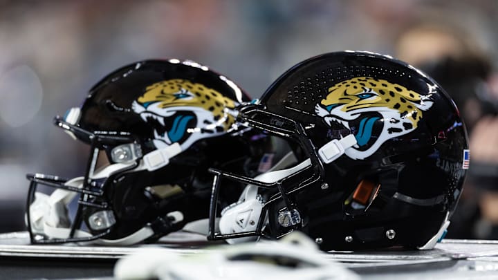 Nov 23, 2025; Glendale, Arizona, USA; Detailed view of a Jacksonville Jaguars helmet at State Farm Stadium. Mandatory Credit: Mark J. Rebilas-Imagn Images