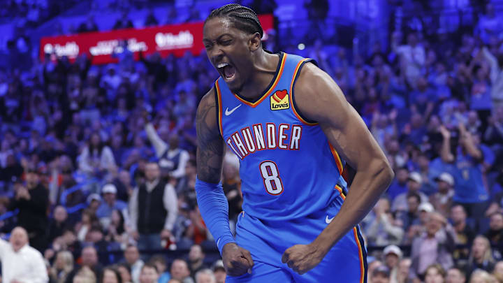 Dec 18, 2025; Oklahoma City, Oklahoma, USA; Oklahoma City Thunder guard Jalen Williams (8) screams and celebrates after dunking against the Los Angeles Clippers during the second quarter at Paycom Center. Mandatory Credit: Alonzo Adams-Imagn Images