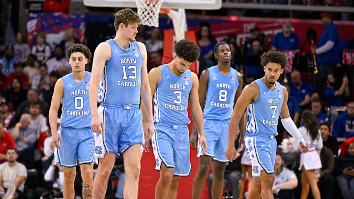 Jan 3, 2026; Dallas, Texas, USA; North Carolina Tar Heels guard Kyan Evans (0) and center Henri Veesaar (13) and guard Derek Dixon (3) and forward Caleb Wilson (8) and guard Seth Trimble (7) come back on the court during the second half against the SMU Mustangs at Moody Coliseum. Mandatory Credit: Jerome Miron-Imagn Images