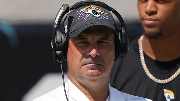 Oct 10, 2021; Jacksonville, Florida, USA; Jacksonville Jaguars defensive coordinator Joe Cullen stands on the sideline prior to the game against the Tennessee Titans at TIAA Bank Field. Mandatory Credit: Jasen Vinlove-Imagn Images