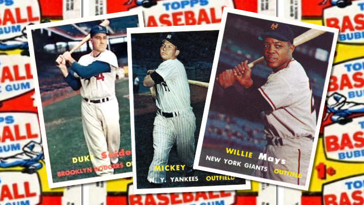 Assorted 1957 Topps baseball cards with wrappers