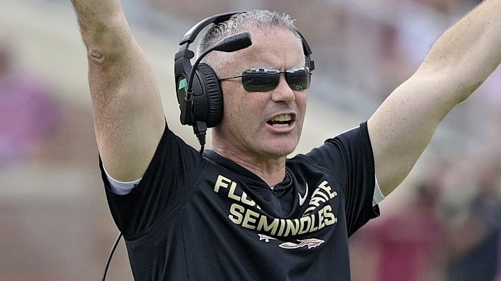 Oct 11, 2025; Tallahassee, Florida, USA; Florida State Seminoles head coach Mike Norvell during the second half against the Pittsburgh Panthers at Doak S. Campbell Stadium. Mandatory Credit: Melina Myers-Imagn Images