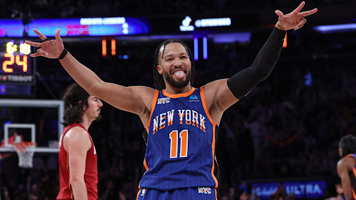 Jan 27, 2024; New York, New York, USA; New York Knicks guard Jalen Brunson (11) reacts after making a three point basket during the second half against the Miami Heat at Madison Square Garden. Mandatory Credit: Vincent Carchietta-Imagn Images