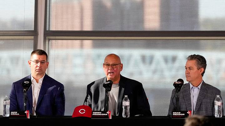 New manager Terry Francona (center) takes questions with President of Baseball Operations Nick Krall (left) and General Manager Brad Meador during an event to introduce the new manager of the Cincinnati Reds at Great American Ball Park in downtown Cincinnati on Monday, Oct. 7, 2024.