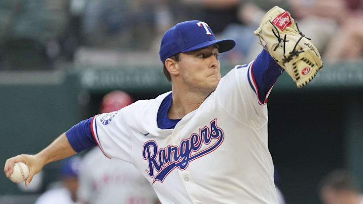 Sep 7, 2024; Arlington, Texas, USA; Texas Rangers starting pitcher Jack Leiter (35) pitches to the Los Angeles Angels during the first inning at Globe Life Field. 