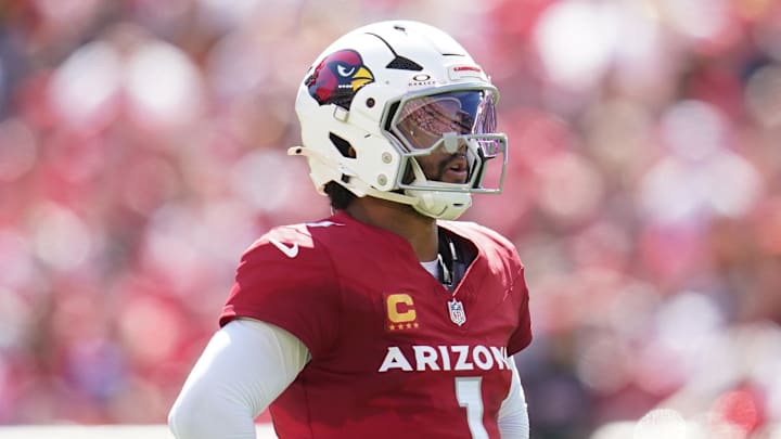 Sep 21, 2025; Santa Clara, California, USA; Arizona Cardinals quarterback Kyler Murray (1) stands on the field against the San Francisco 49ers during the first half at Levi's Stadium. Mandatory Credit: Cary Edmondson-Imagn Images