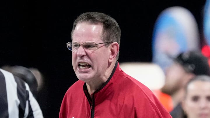 Indiana Hoosiers head coach Curt Cignetti yells at an official Friday, Jan. 9, 2026, during the Peach Bowl and semifinal game of the College Football Playoff against the Oregon Ducks at Mercedes-Benz Stadium in Atlanta.