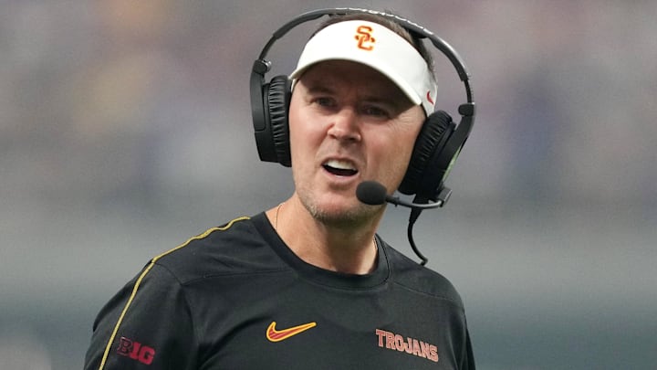 Sep 1, 2024; Paradise, Nevada, USA; Southern California Trojans head coach Lincoln Riley reacts in the first half against the LSU Tigers at Allegiant Stadium. 