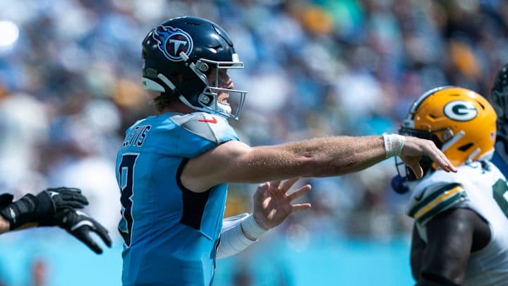 Tennessee Titans quarterback Will Levis (8) gets a pass off against the Green Bay Packers during their game at Nissan Stadium in Nashville, Tenn., Sunday, Sept. 22, 2024.