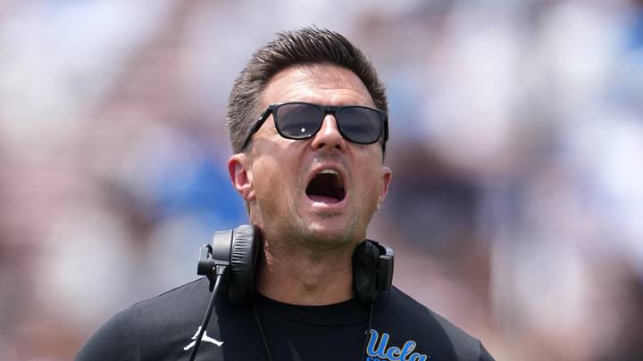 May 2, 2026; Pasadena, CA, USA; UCLA Bruins coach Bob Chesney reacts during the spring game at Rose Bowl. Mandatory Credit: Kirby Lee-Imagn Images