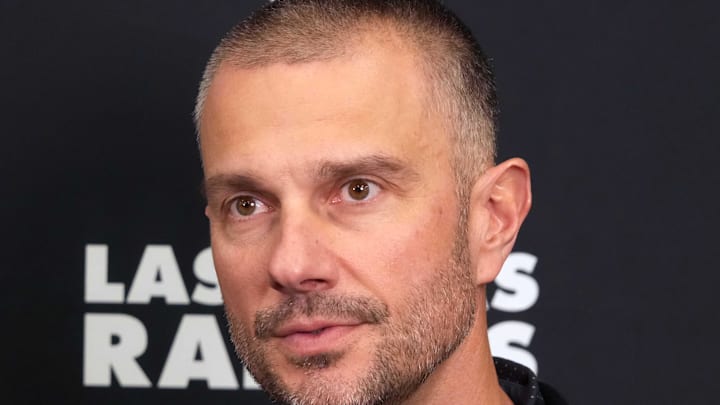 Feb 25, 2025; Indianapolis, IN, USA; Las Vegas Raiders general manager John Spytek on radio row during the NFL Scouting Combine at the Indiana Convention Center. Mandatory Credit: Kirby Lee-Imagn Images