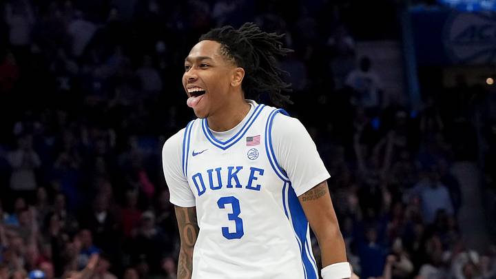 Mar 14, 2026; Charlotte, NC, USA; Duke Blue Devils guard Isaiah Evans (3) celebrates after a play against the Virginia Cavaliers during the men's ACC Conference Tournament Championship at Spectrum Center. Mandatory Credit: Bob Donnan-Imagn Images