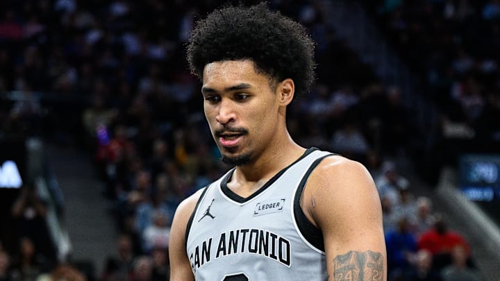 Apr 2, 2026; Inglewood, California, USA; San Antonio Spurs guard Dylan Harper (2) reacts after scoring during the second half against the Los Angeles Clippers at Intuit Dome. Mandatory Credit: William Liang-Imagn Images
