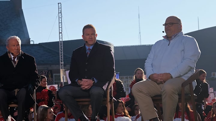 David Pollack, Lee Corso, Kirk Herbstreit, and Chris Fallica of  ESPN's 'College GameDay' holds a segment on the second stage during the broadcast's first appearance at UC before the Bearcats face the University of Tulsa, Saturday, Nov. 6, 2021, at The Commons on UC Main Campus in Cincinnati.

Uc Vs Tulsa College Gameday 02880 Fb 11 06 21