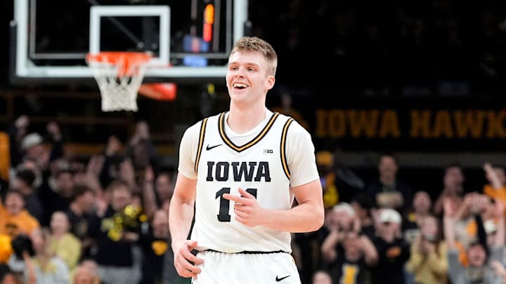 Iowa guard Bennett Stirtz (14) reacts after knocking down a 3-pointer against the USC Trojans Jan. 28, 2026 at Carver-Hawkeye Arena in Iowa City, Iowa.