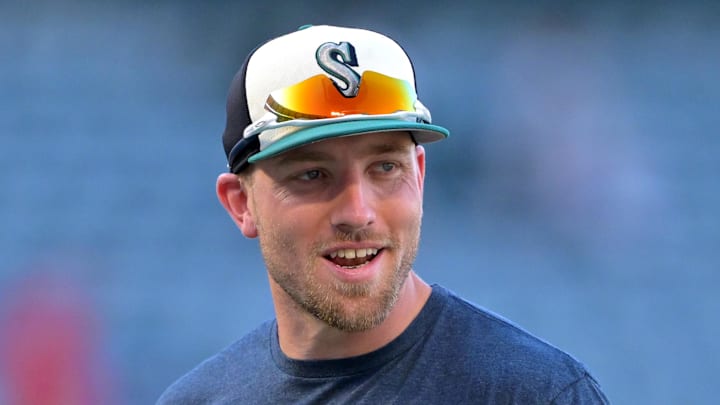 Seattle Mariners right fielder Luke Raley warms up before a game against the Los Angeles Angels on July 24 at Angel Stadium. Seattle Mariners right fielder Luke Raley warms up before a game against the Los Angeles Angels on July 24 at Angel Stadium.
