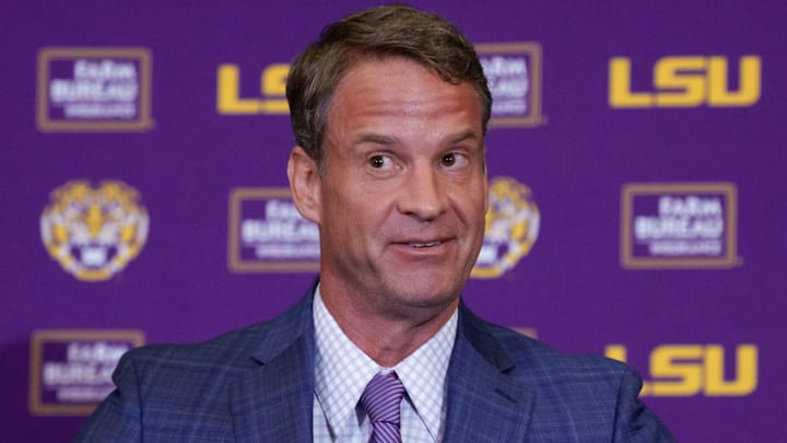 Dec 1, 2025; Baton Rouge, LA, USA; LSU new head coach Lane Kiffin speaks at South Stadium Club at Tiger Stadium. Mandatory Credit: Matthew Hinton-Imagn Images