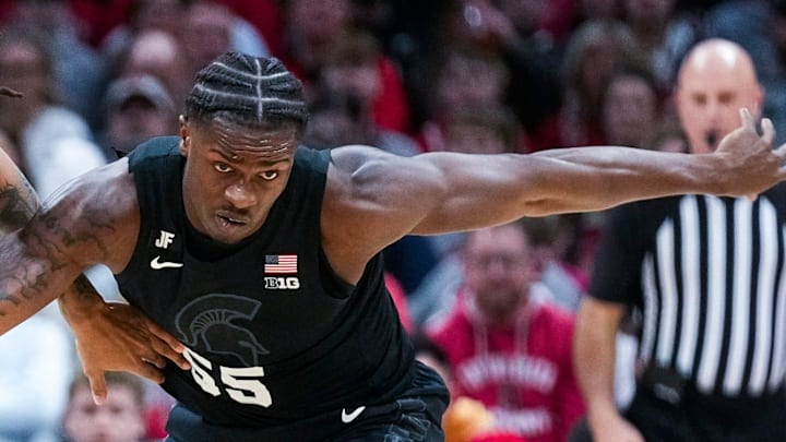 Ohio State Buckeyes forward Devin Royal (21) fights for the ball against Michigan State Spartans forward Coen Carr (55) in the first half at Value City Arena on Friday, Jan. 3, 2025 in Columbus, Ohio. Ohio State Buckeyes forward Devin Royal (21) fights for the ball against Michigan State Spartans forward Coen Carr (55) in the first half at Value City Arena on Friday, Jan. 3, 2025 in Columbus, Ohio.