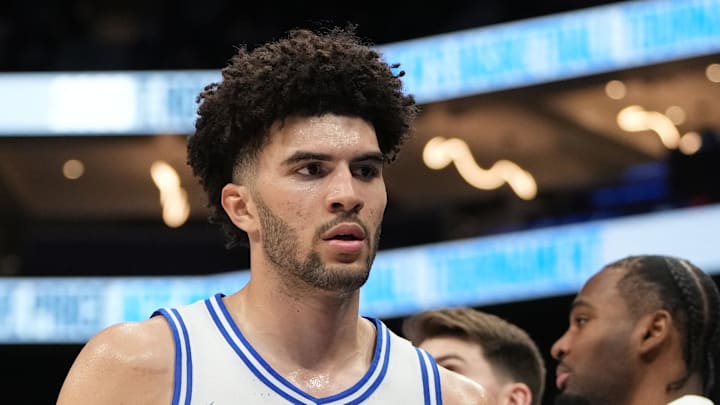 Mar 13, 2026; Charlotte, NC, USA; Duke Blue Devils forward Cameron Boozer (12) comes to the bench in the second half at Spectrum Center. Mandatory Credit: Bob Donnan-Imagn Images