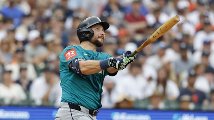 Seattle Mariners catcher Cal Raleigh (29) hits a sacrifice fly in the third inning against the Detroit Tigers at Comerica Park on July 12. 