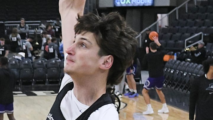Nov 9, 2024; Providence, Rhode Island, USA; Providence Friars center Anton Bonke (5) warms up before a game against the Stonehill Skyhawks at Amica Mutual Pavilion.