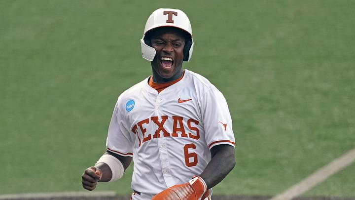 Texas Longhorns outfielder Anthony Pack Jr. (6) reacts after scoring a run. Texas Longhorns outfielder Anthony Pack Jr. (6) reacts after scoring a run.