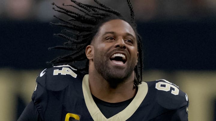 Dec 29, 2024; New Orleans, Louisiana, USA; New Orleans Saints defensive end Cameron Jordan (94) does the “Who Dat?” chant before a game against the Las Vegas Raiders at Caesars Superdome. Mandatory Credit: Matthew Hinton-Imagn Images