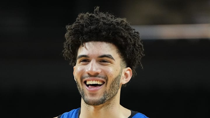 Mar 18, 2026; Greenville, SC, USA; Duke Blue Devils forward Cameron Boozer (12) reacts during a practice session ahead of the first round of the men's 2026 NCAA Tournament at Bon Secours Wellness Arena. Mandatory Credit: Bob Donnan-Imagn Images