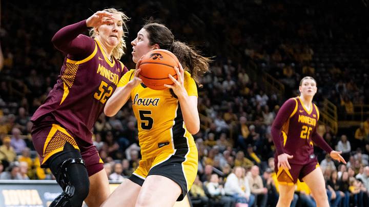 Iowa center Ava Heiden (5) looks to shoot on Feb. 5, 2026, at Carver-Hawkeye Arena. Iowa center Ava Heiden (5) looks to shoot on Feb. 5, 2026, at Carver-Hawkeye Arena.