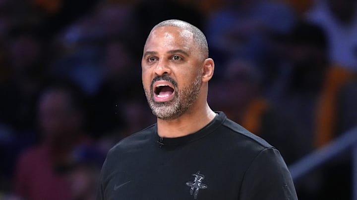 Houston Rockets head coach Ime Udoka watches in the first half against the Los Angeles Lakers during game one of the first round of the 2026 NBA Playoffs at Crypto.com Arena on Apr 18, 2026.