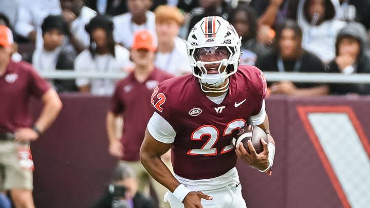 Sep 12, 2026; Blacksburg, Va.; Virginia Tech quarterback Bryce Baker (22) runs the ball against Old Dominion.