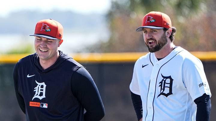 Tarik Skubal, left, and Casey Mize share a laugh at practice during spring training at TigerTown in Lakeland, Florida, on Tuesday, Feb. 17, 2026. Tarik Skubal, left, and Casey Mize share a laugh at practice during spring training at TigerTown in Lakeland, Florida, on Tuesday, Feb. 17, 2026.