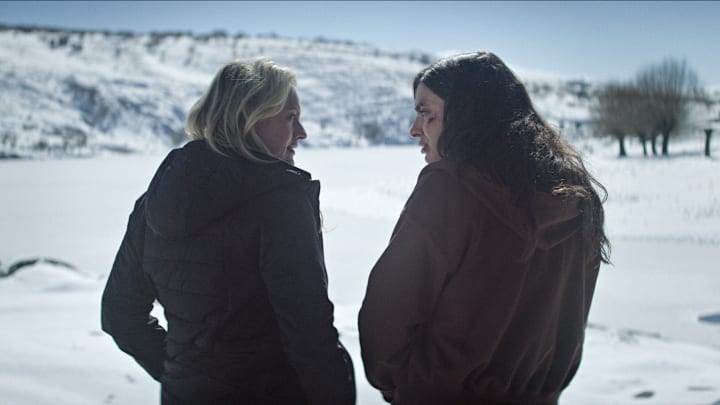 "THE VEIL" -- Pictured (L-R): Elisabeth Moss as Imogen Salter, Yumna Marwan as Adilah El Idrissi. CR: FX