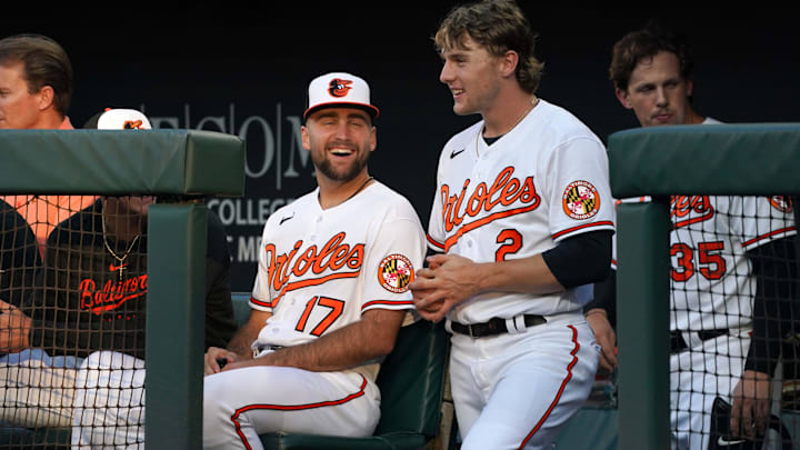 Jul 30, 2023; Baltimore, Maryland, USA; Baltimore Orioles shortstop Gunnar Henderson (2) and
