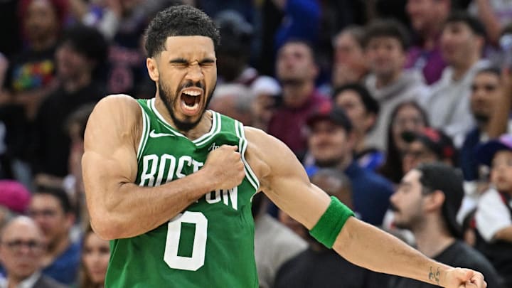 Apr 24, 2026; Philadelphia, Pennsylvania, USA; Boston Celtics forward Jayson Tatum (0) celebrates his three-point basket against the Philadelphia 76ers late in the fourth quarter at Xfinity Mobile Arena. Mandatory Credit: Eric Hartline-Imagn Images