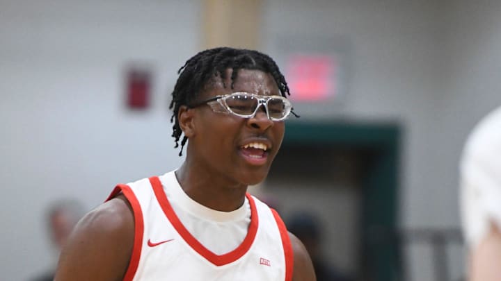 July 3, 2023; North Augusta, S.C., USA; Bryce James (5), son of LeBron James, cheers during the E16 Strive for Greatness and Expressions game at the first day of the Peach Jam at Riverview Park Activities Center. Strive for Greatness defeated Expressions 78-69. Mandatory Credit: Katie Goodale-USA TODAY Network