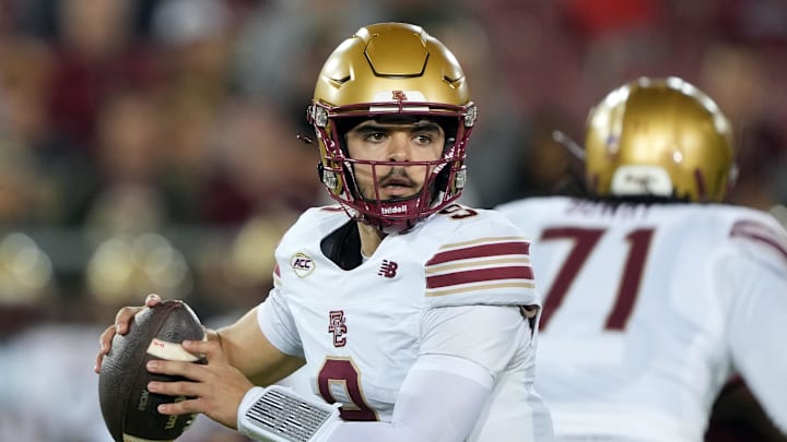 Sep 13, 2025; Stanford, Calif., USA; Boston College Eagles quarterback Dylan Lonergan (9) passes against the Stanford Cardinal during the first quarter at Stanford Stadium. Sep 13, 2025; Stanford, Calif., USA; Boston College Eagles quarterback Dylan Lonergan (9) passes against the Stanford Cardinal during the first quarter at Stanford Stadium.