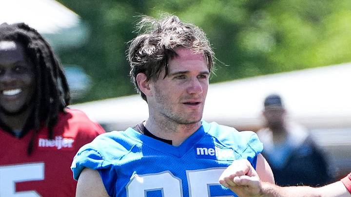 Detroit Lions wide receiver Tom Kennedy (85), left, talks to quarterback Luke Altmyer (2) after practice during OTAs at Meijer Performance Center in Allen Park on Friday, May 29, 2026.