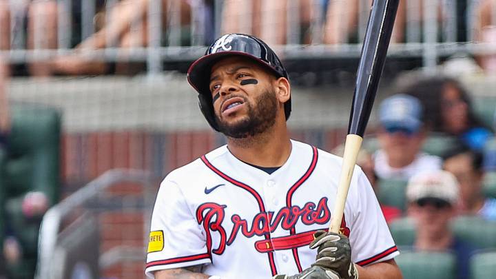 May 17, 2026; Cumberland, Georgia, USA; Atlanta Braves designated hitter Dominic Smith (8) reacts to a strike ball call in the game against the Boston Red Sox during the first inning at Truist Park. Mandatory Credit: Jordan Godfree-Imagn Images