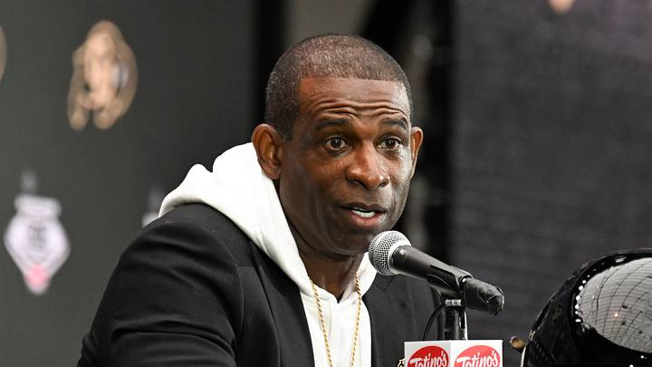 Jul 10, 2024; Las Vegas, NV, USA; Colorado Buffaloes head coach Deion Sanders speaks to the media during the Big 12 Media Days at Allegiant Stadium. Mandatory Credit: Candice Ward-USA TODAY Sports Jul 10, 2024; Las Vegas, NV, USA; Colorado Buffaloes head coach Deion Sanders speaks to the media during the Big 12 Media Days at Allegiant Stadium. Mandatory Credit: Candice Ward-USA TODAY Sports
